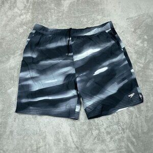 Speedo Mens XL Swim Shorts Black & Gray Pattern Lightweight Quick-Dry a0321